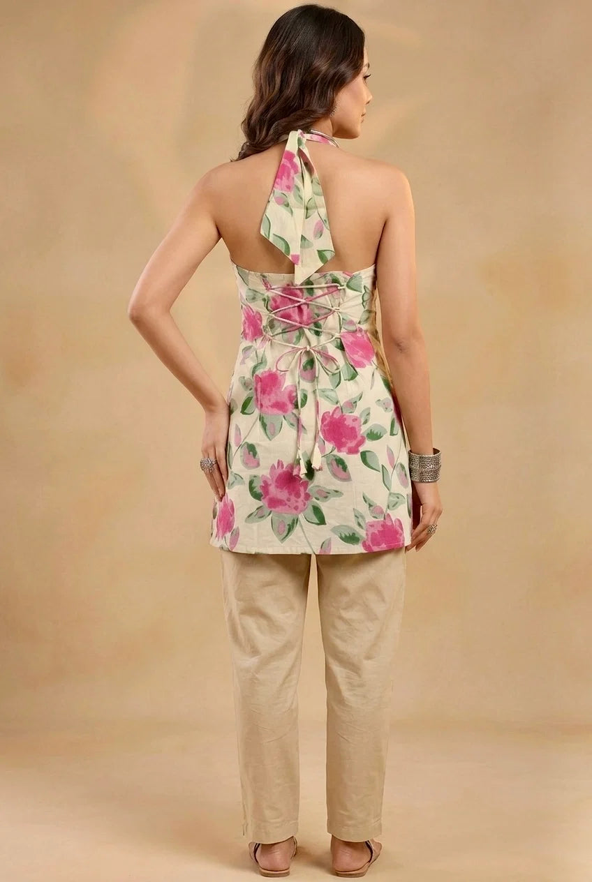 Gulabo Halter Neck Pure Cotton Short Kurti // Cream