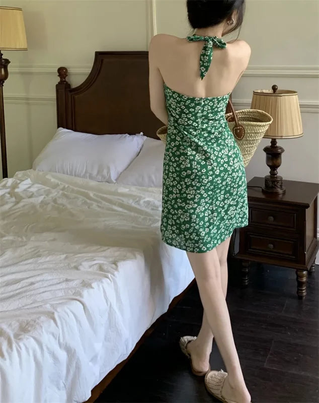 Halter Neck Printed Mini Dress // Green