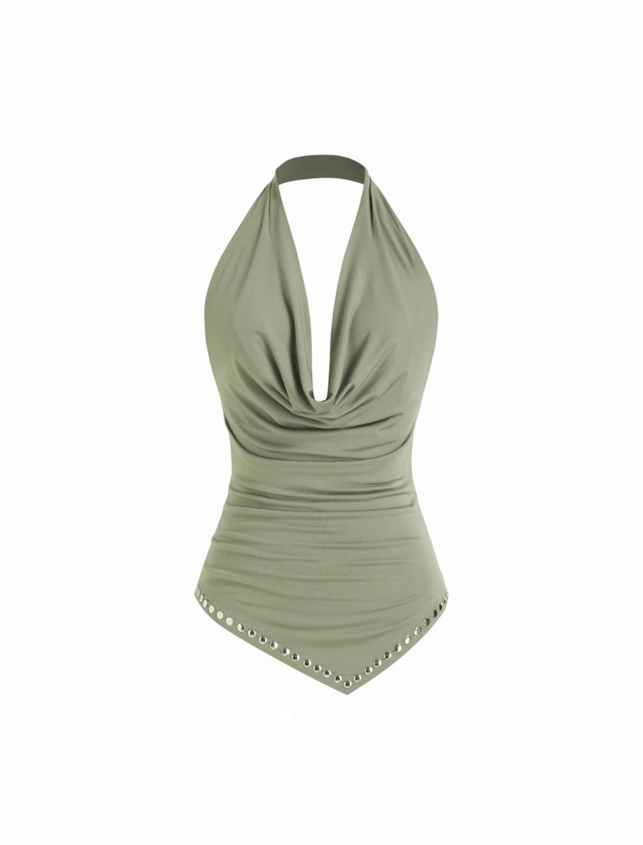 Draped Rivet Halter Top // Green