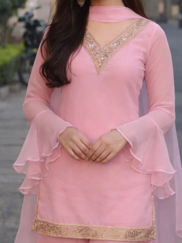 Baby Pink // 3pc Kurta Set with Palazzo & Dupatta