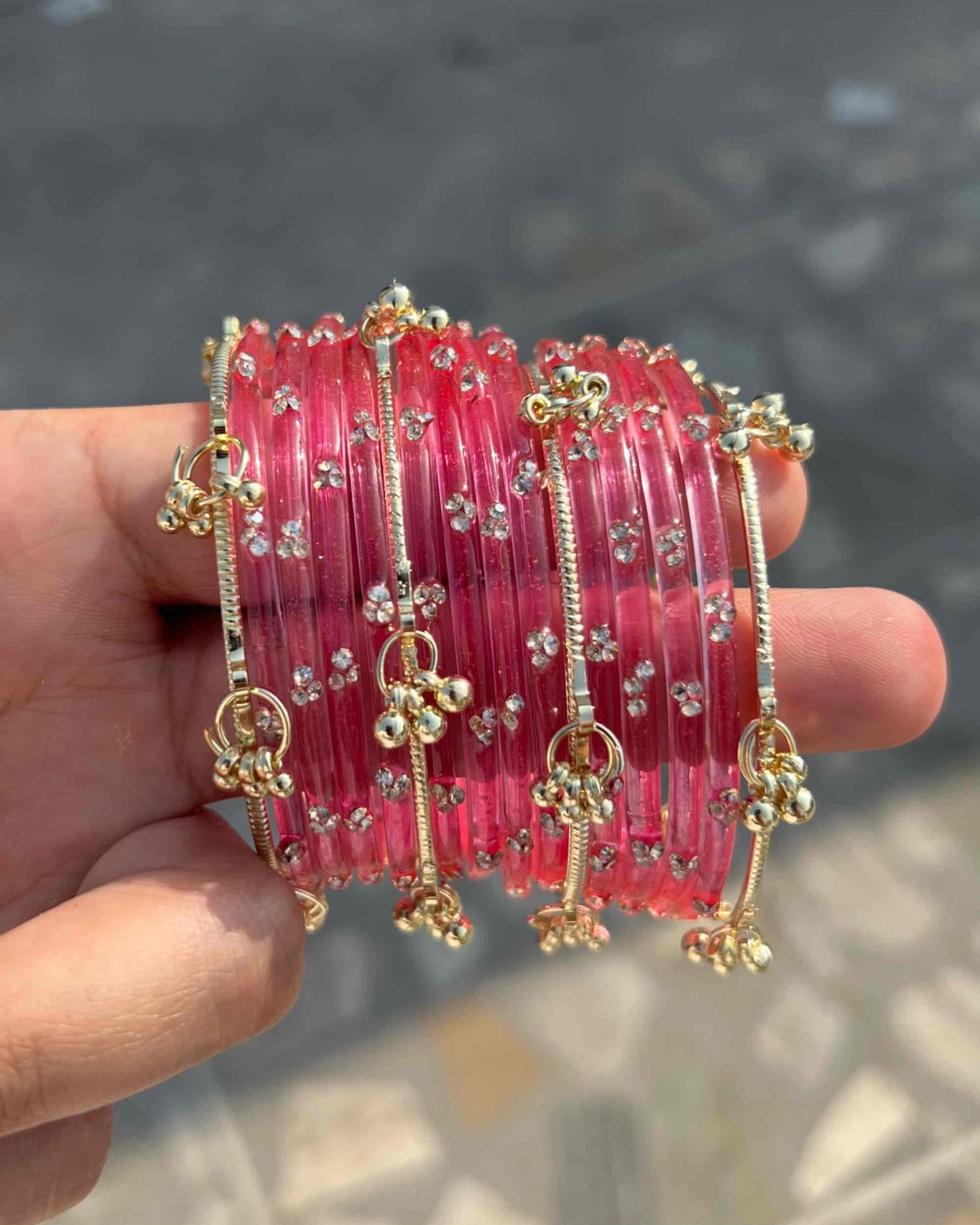 Pink // Kashmiri 12 Bangles + 4 Ghungroo Set