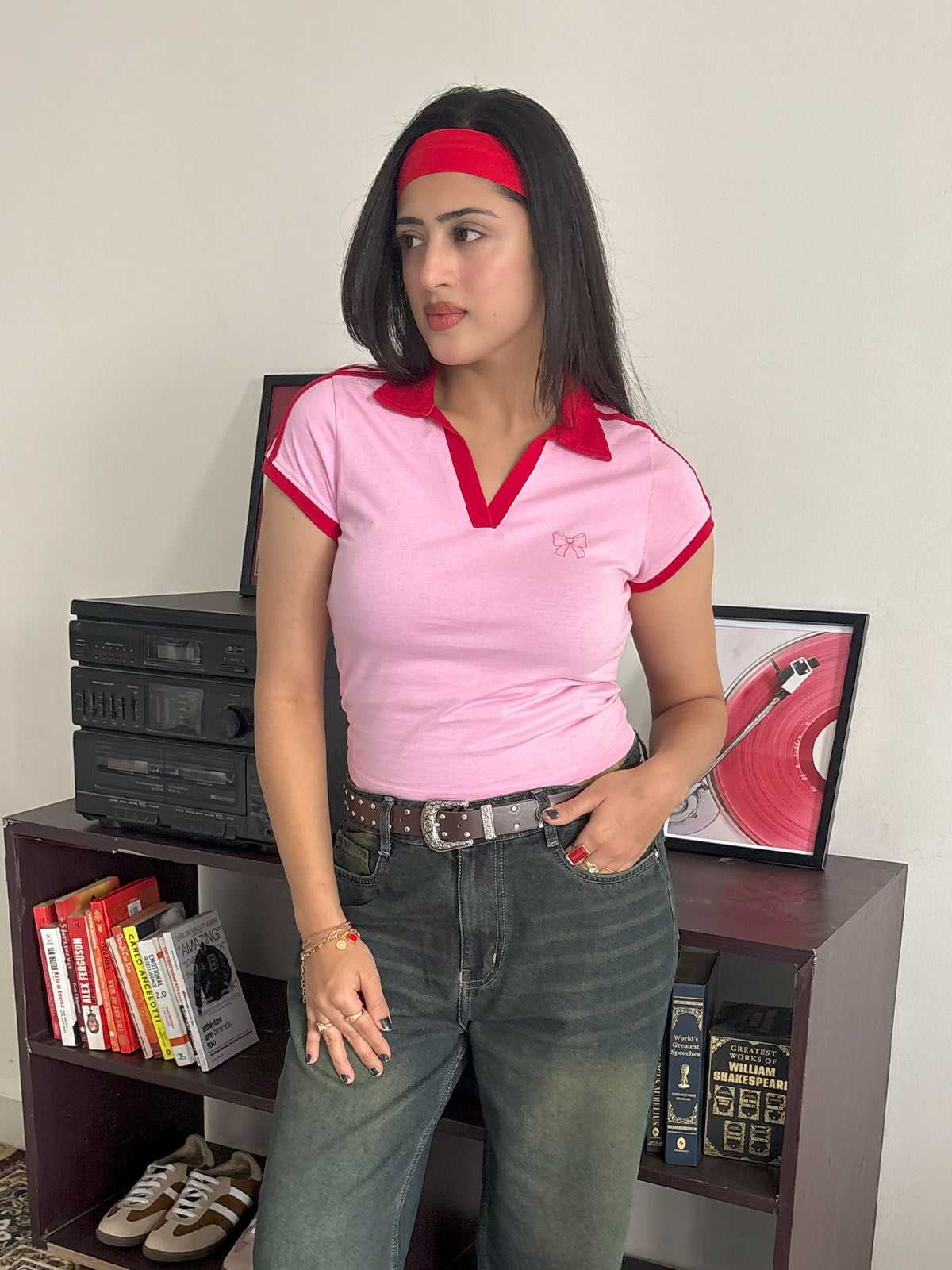 Contrast Detail Bow Graphic Polo Tee // Soft Pink