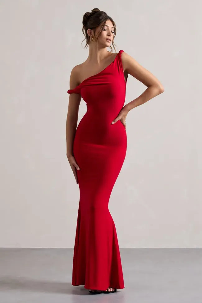 One Shoulder Mermaid Maxi Dress // Red