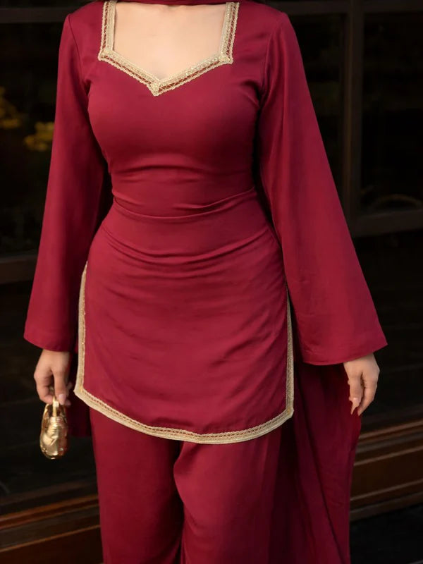 Maroon // 3pc Kurta Set with Palazzo & Dupatta