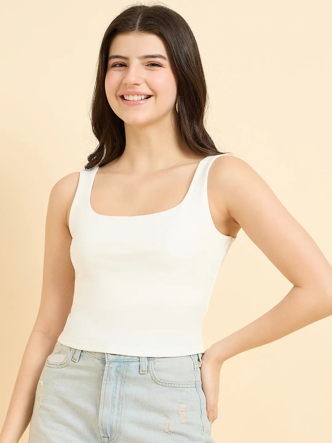 Polyester Square Neck Top (Non-Sheer) // White