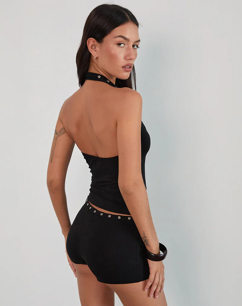 Eyelets Halter Neck Top // Black