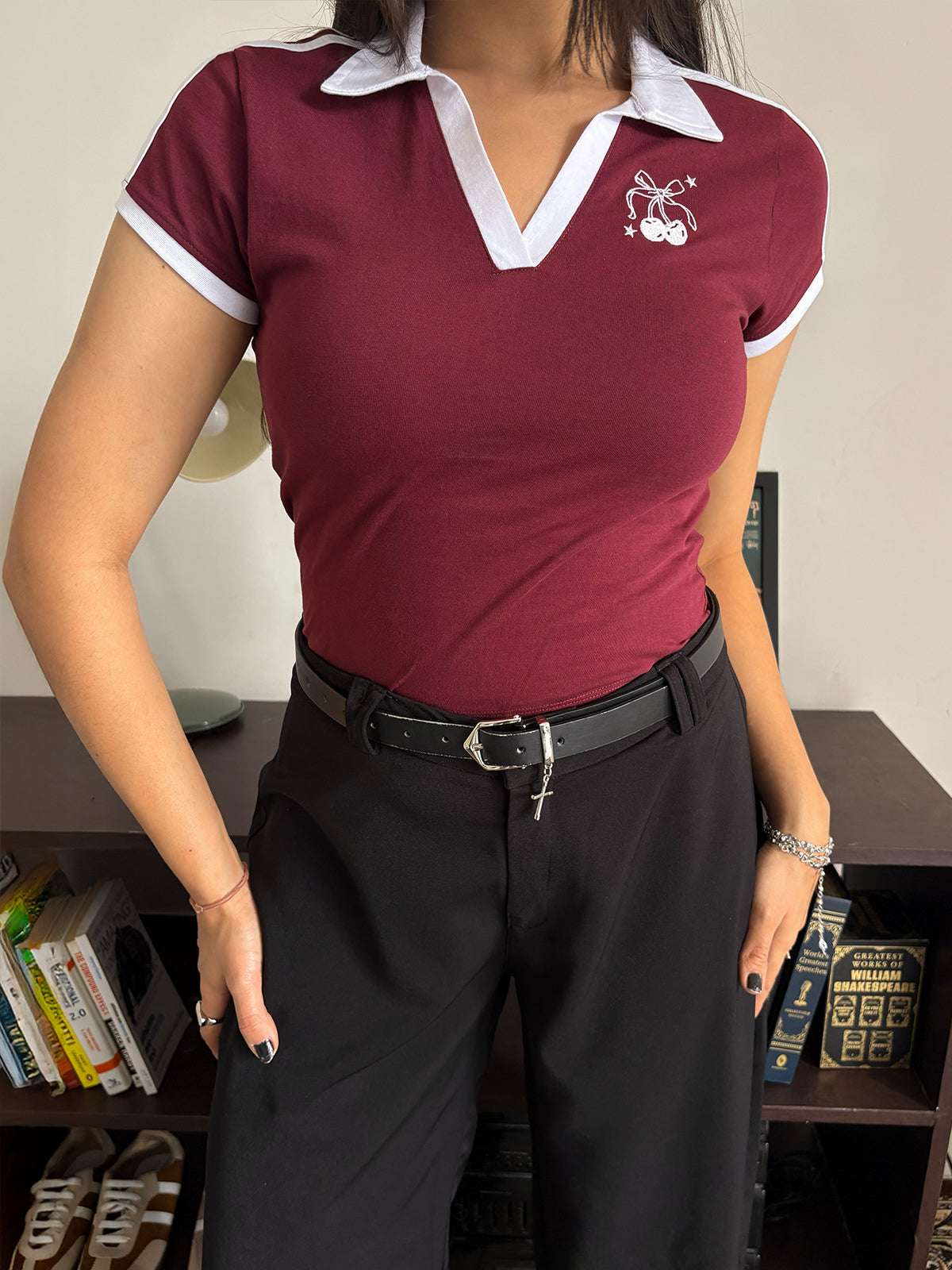 Contrast Detail Embroidered Polo Tee // Deep Cherry