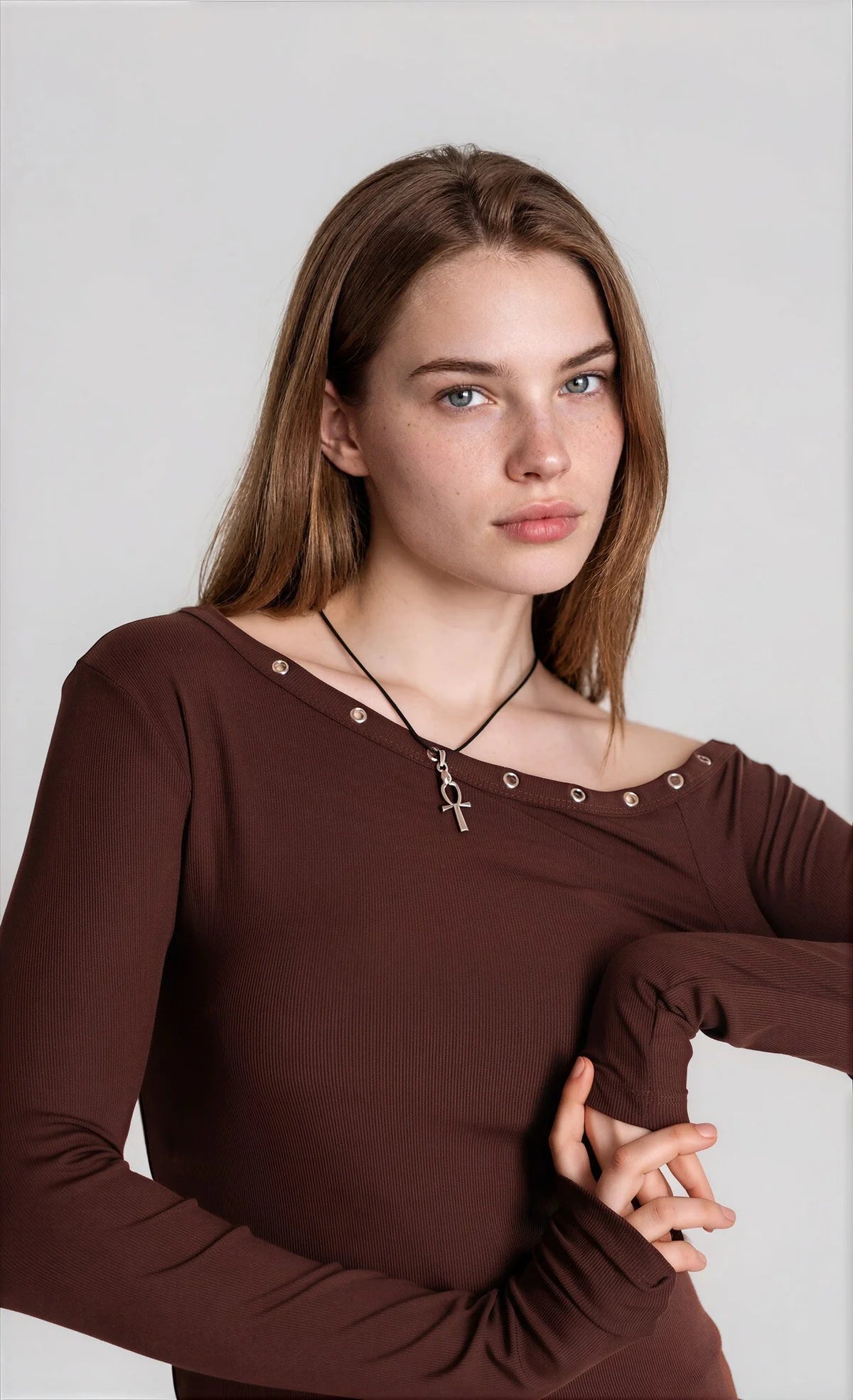 Eyelets One Shoulder Top // Brown