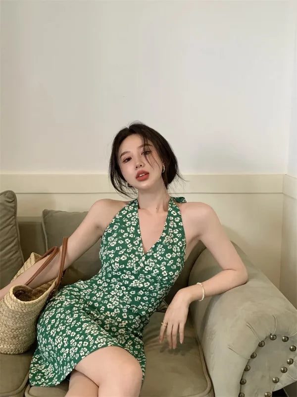 Halter Neck Printed Mini Dress // Green