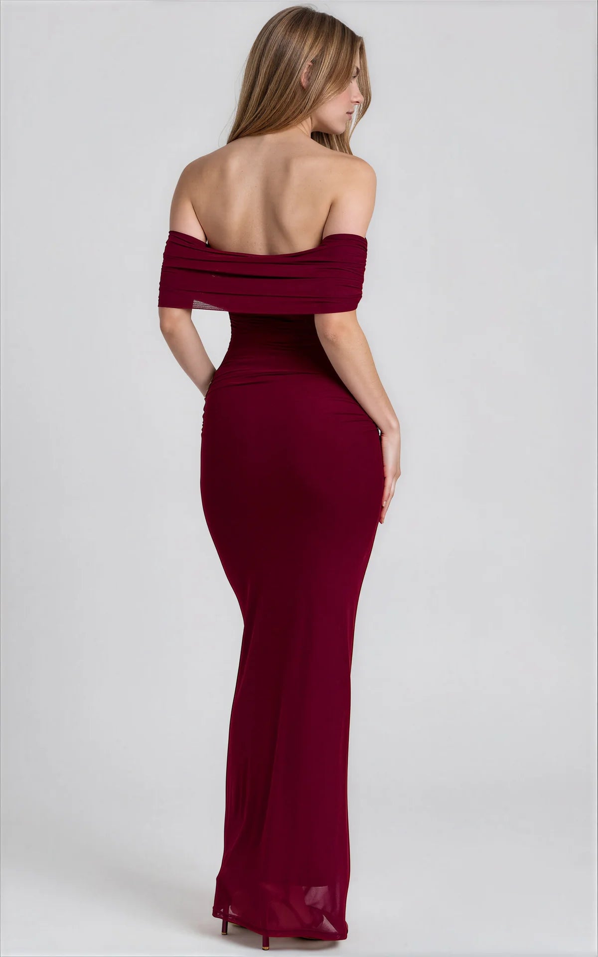 Off Shoulder Mesh Maxi Dress // Wine