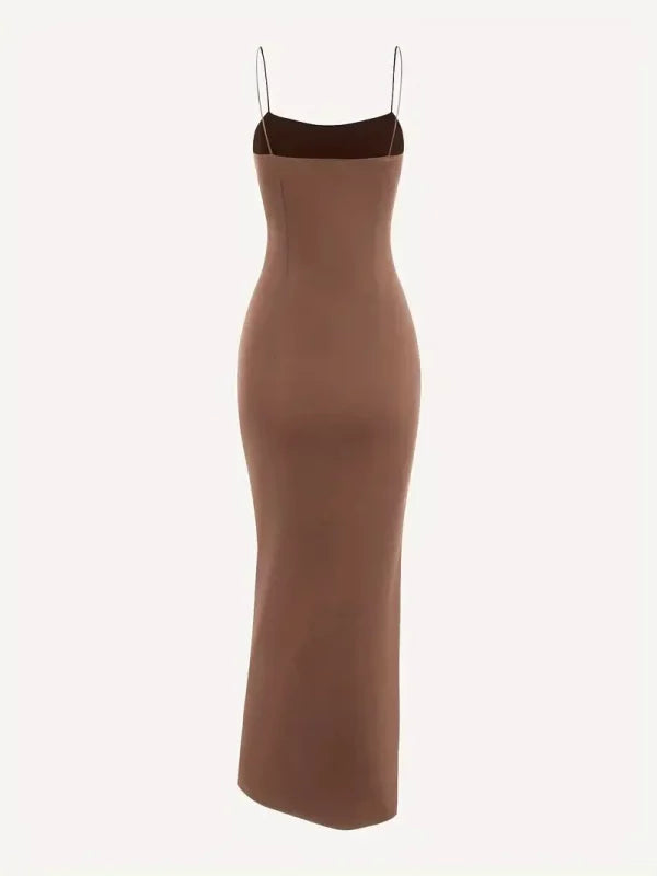 Square Neck Slit Maxi Dress // Brown