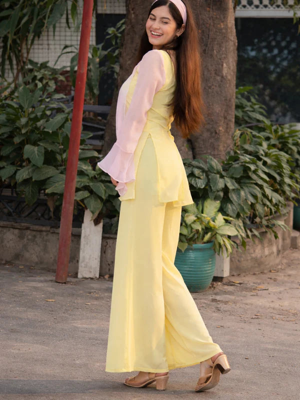Pastel Yellow // 3pc Kurta Set with Palazzo & Sheer Pink Sleeves