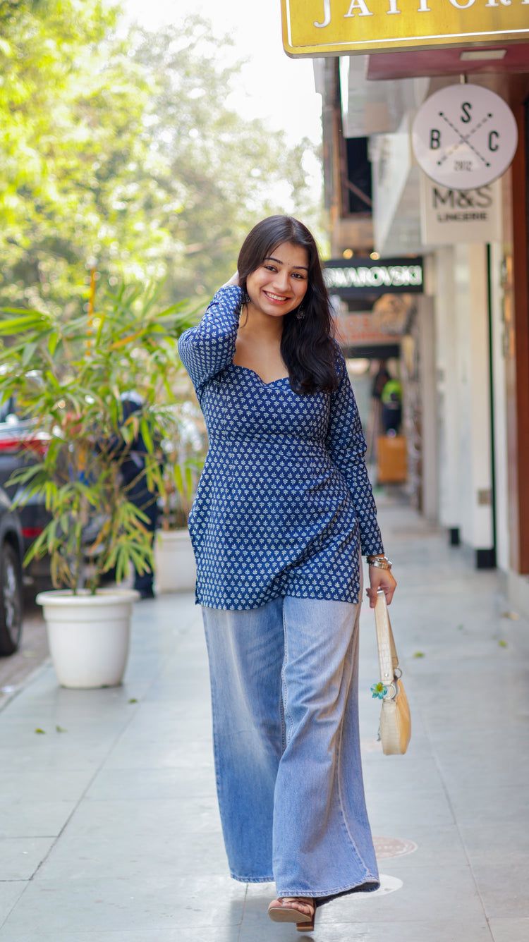 Rimjhim Indigo Short Kurti (100% Cotton ) // Blue