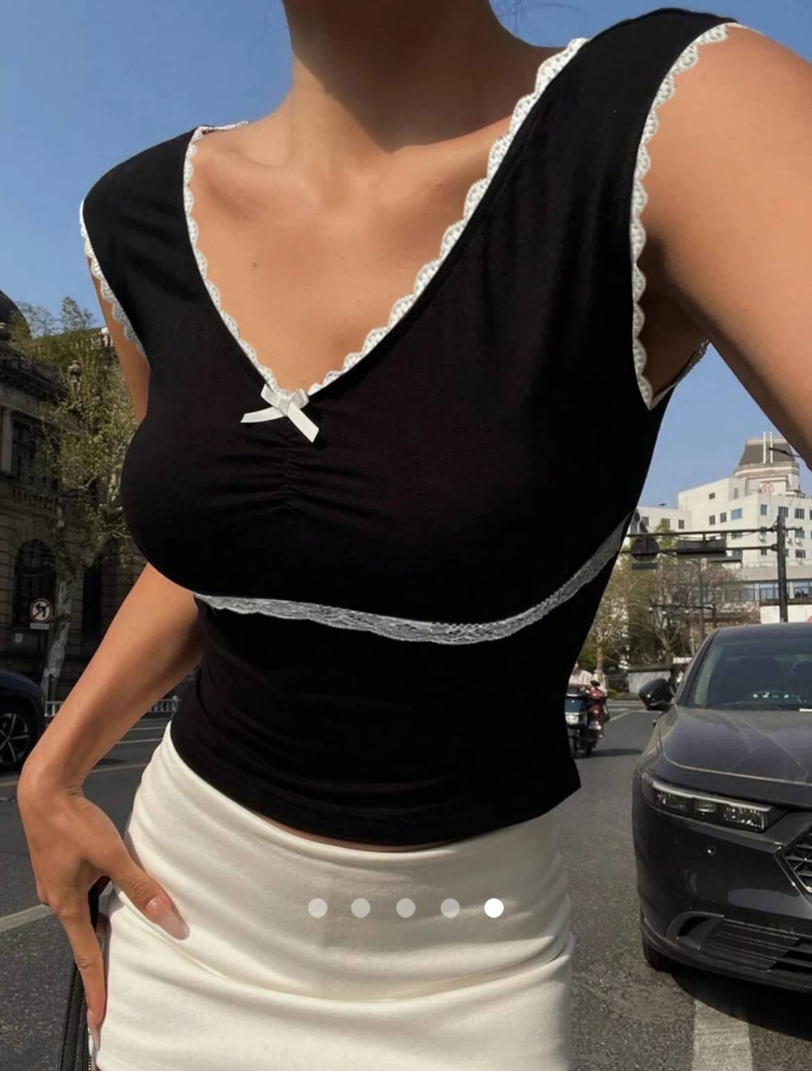 Square Neck Lace Trim Top // Black