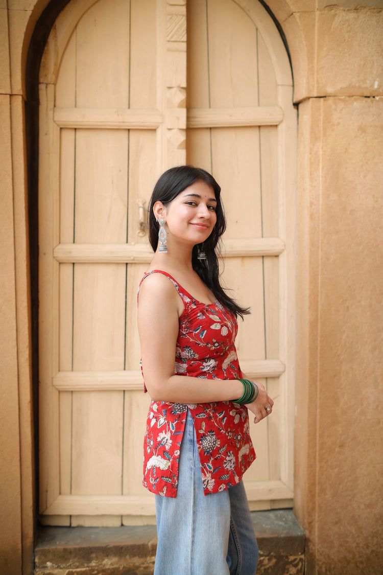 Hand Block Short Kurti (100% Cotton) // Red