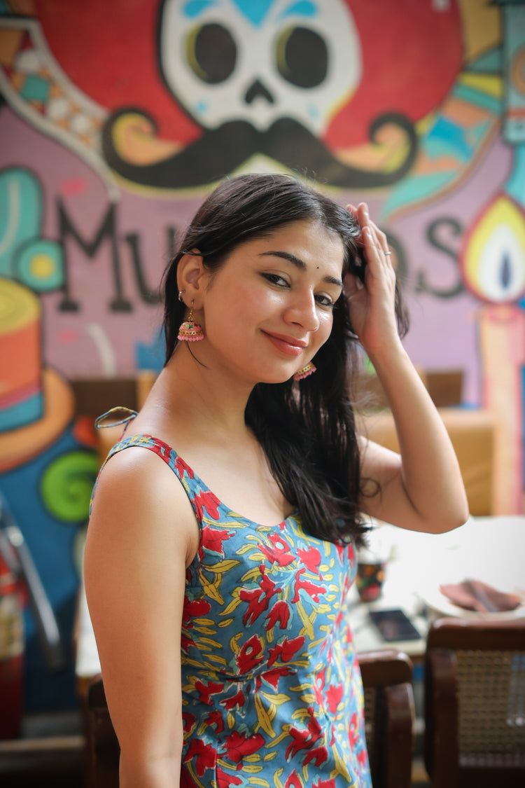 Printed Hand Block Short Kurti (100% Cotton) // Red & Blue