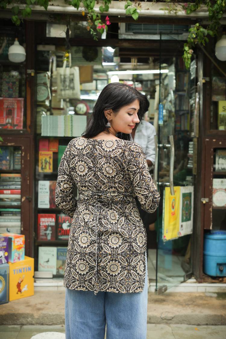 Hand Block Short Kurti (100% Cotton) // Black