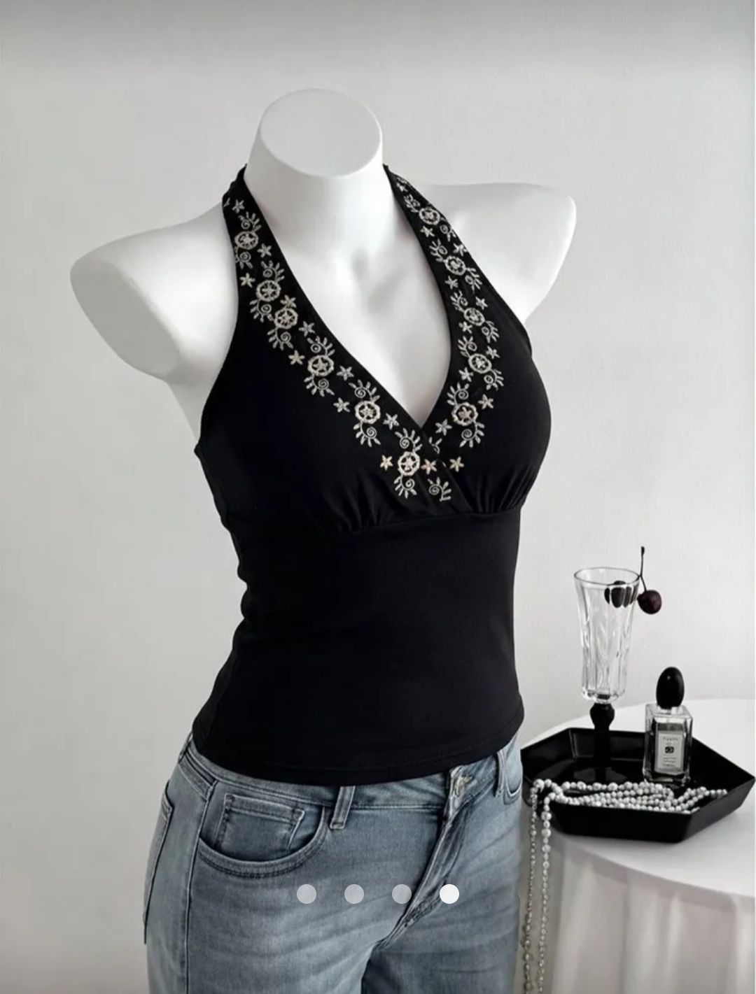 Embroidered Halter Top // Black