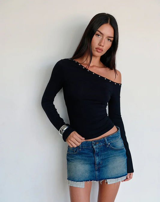 Eyelets One Shoulder Top // Black