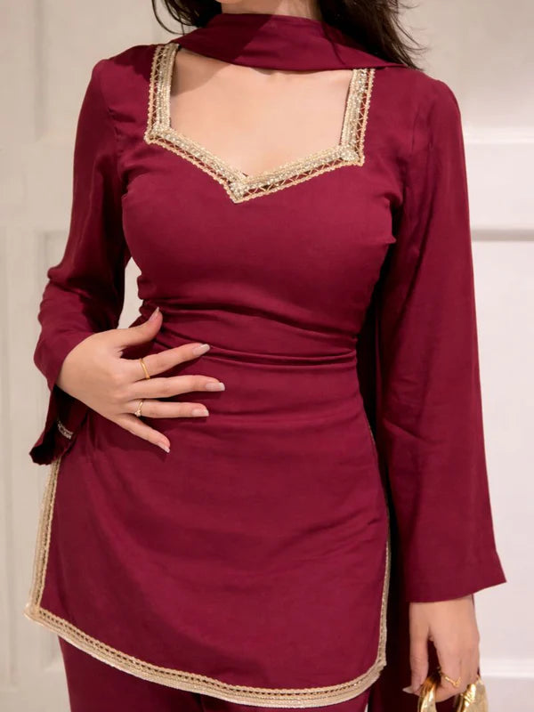 Maroon // 3pc Kurta Set with Palazzo & Dupatta