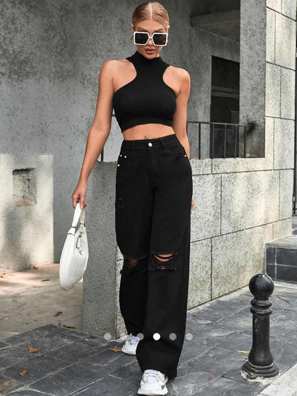 Ripped Straight Leg Jeans 005 // Black