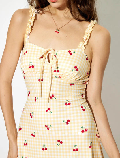 Gingham Cherry Printed Dress // Yellow