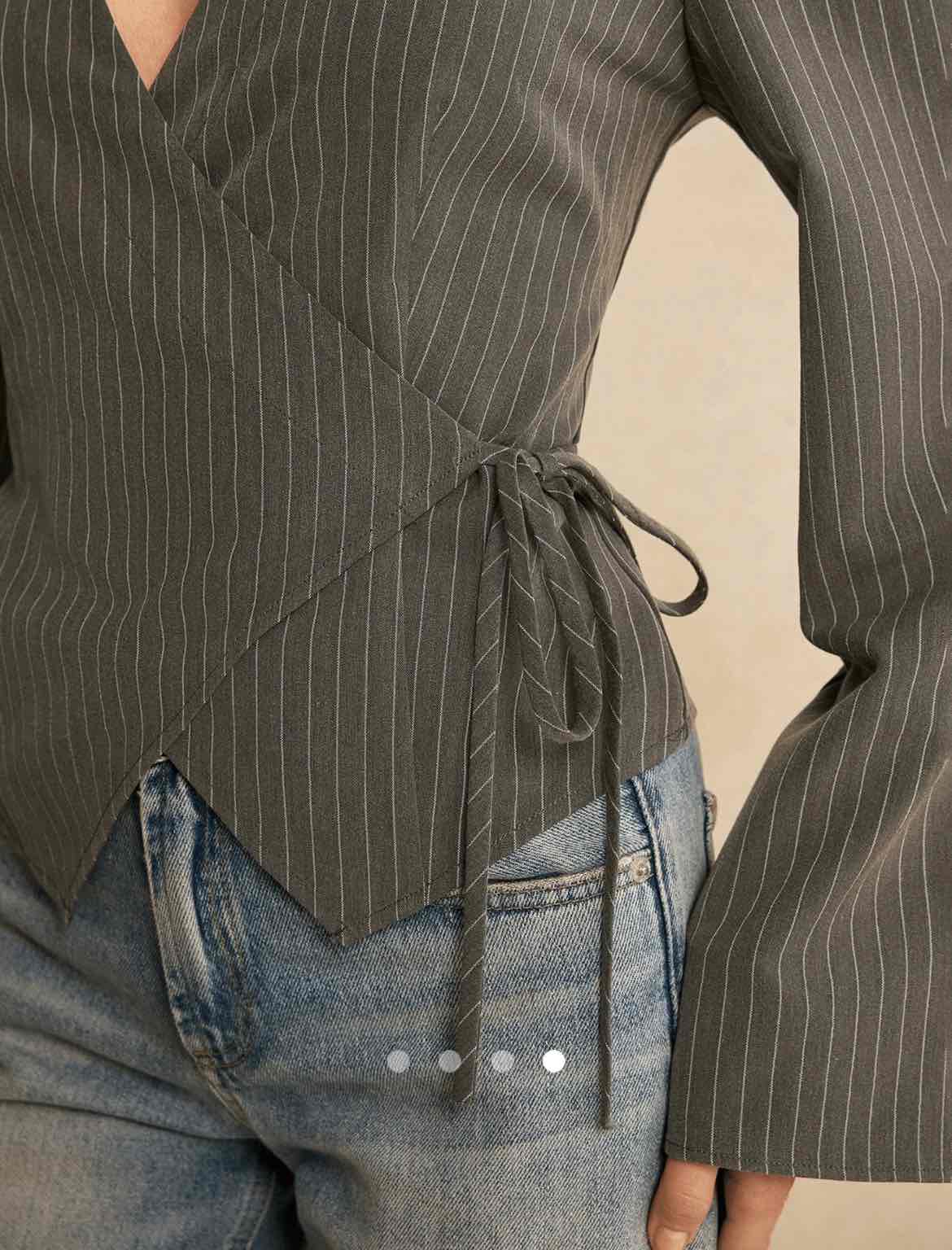 Pinstripe Wrap V-Neck Blouse // Charcoal