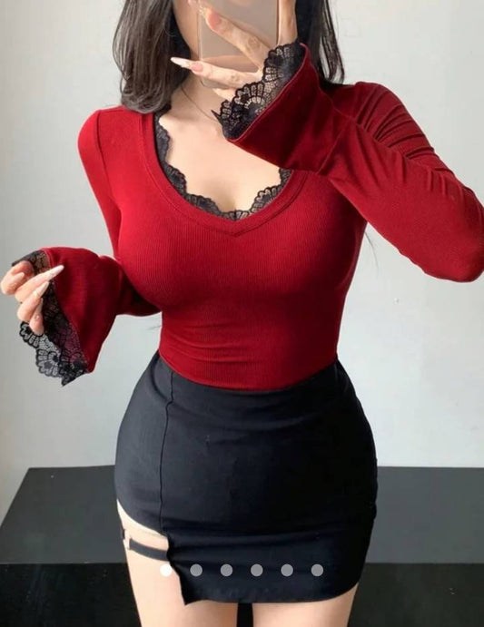 Lace Trimmed Top // Red