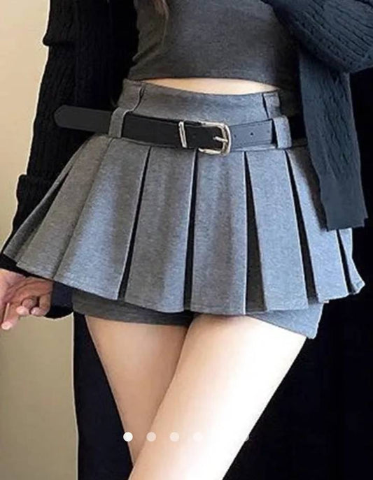 Pleated Skirt with Belt // Grey