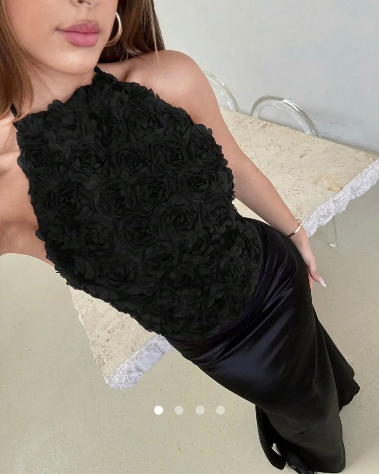 3D Floral Halter Top // Black