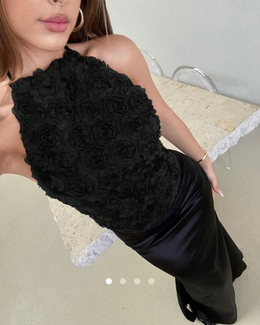 3D Floral Halter Top // Black