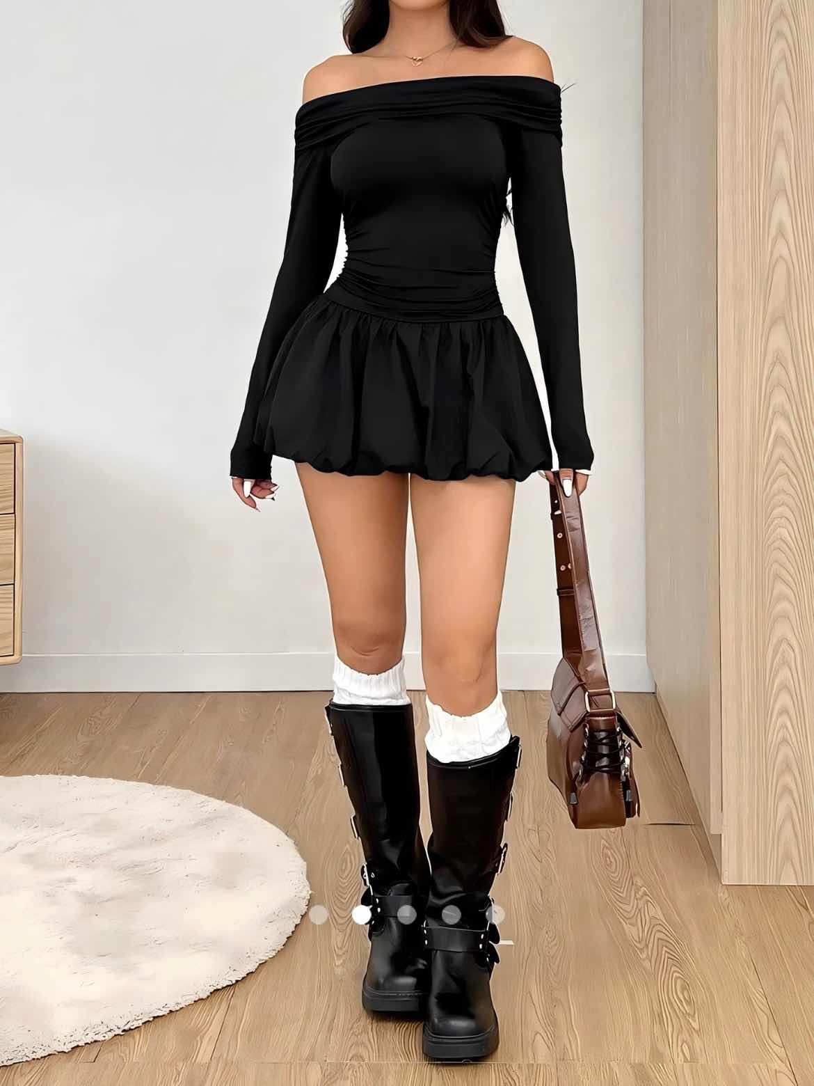 Off-Shoulder Mini Bubble Dress // Black