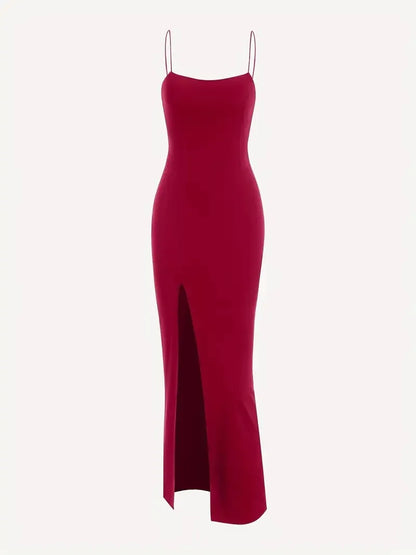 Square Neck Slit Maxi Dress // Red