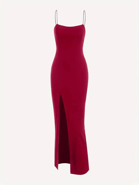 Square Neck Slit Maxi Dress // Red