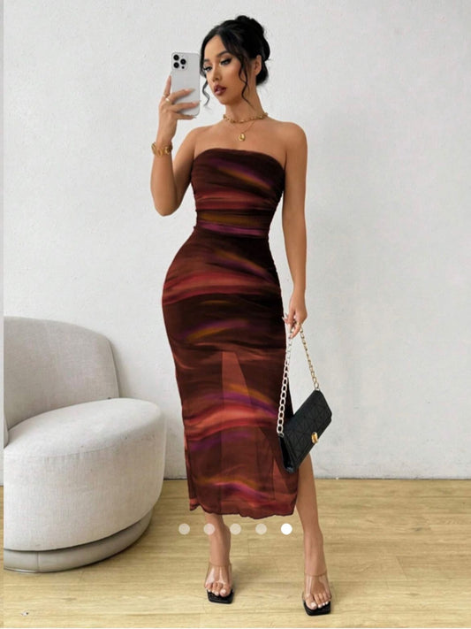 Abstract Print Tube Dress // Brown