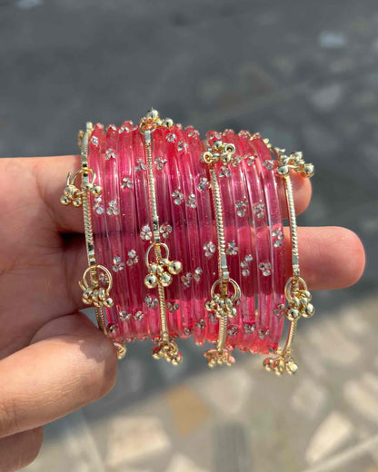 Pink // Kashmiri 12 Bangles + 4 Ghungroo Set