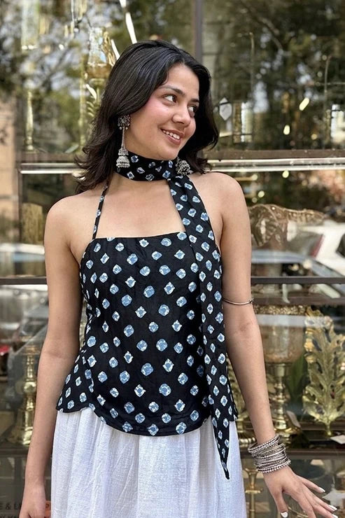 Munni Cotton Top with Scarf // Black