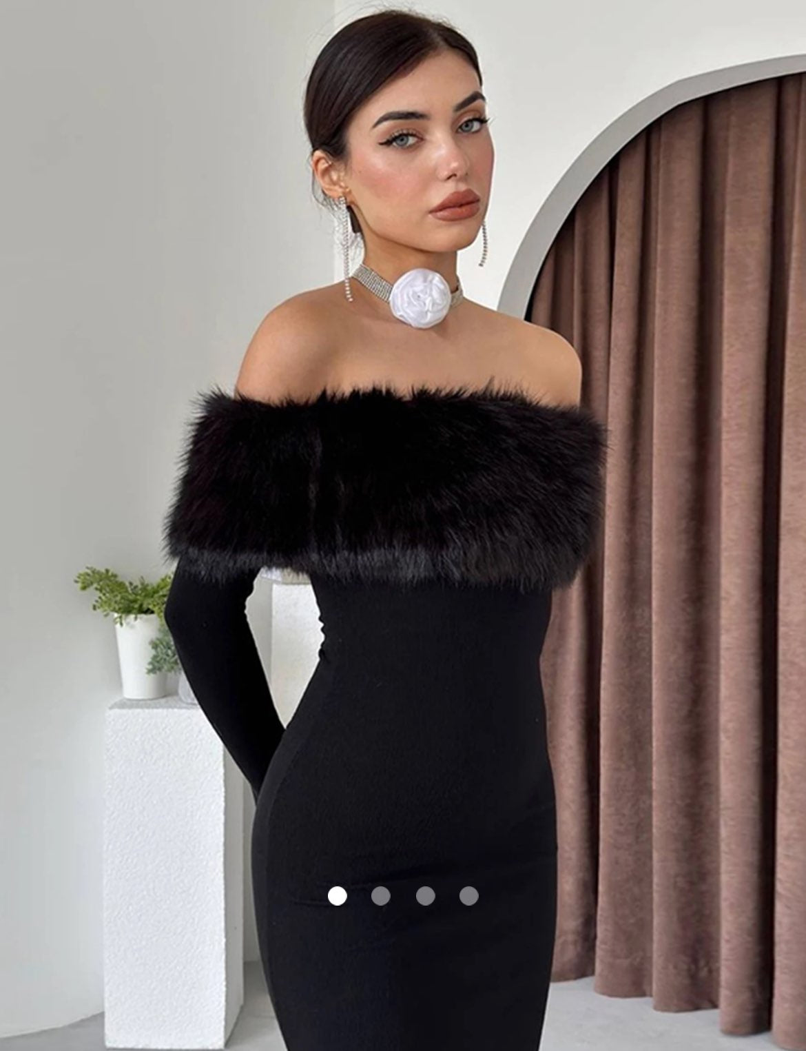 Fur Off Shoulder Dress // Black