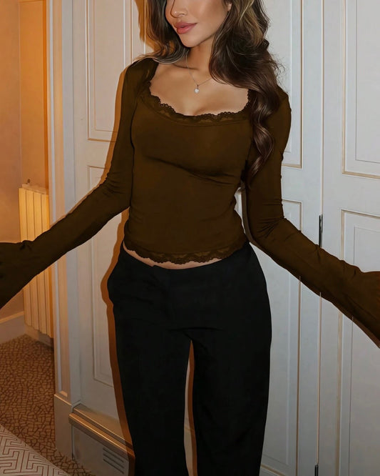 Lace Bell Sleeve Top // Brown