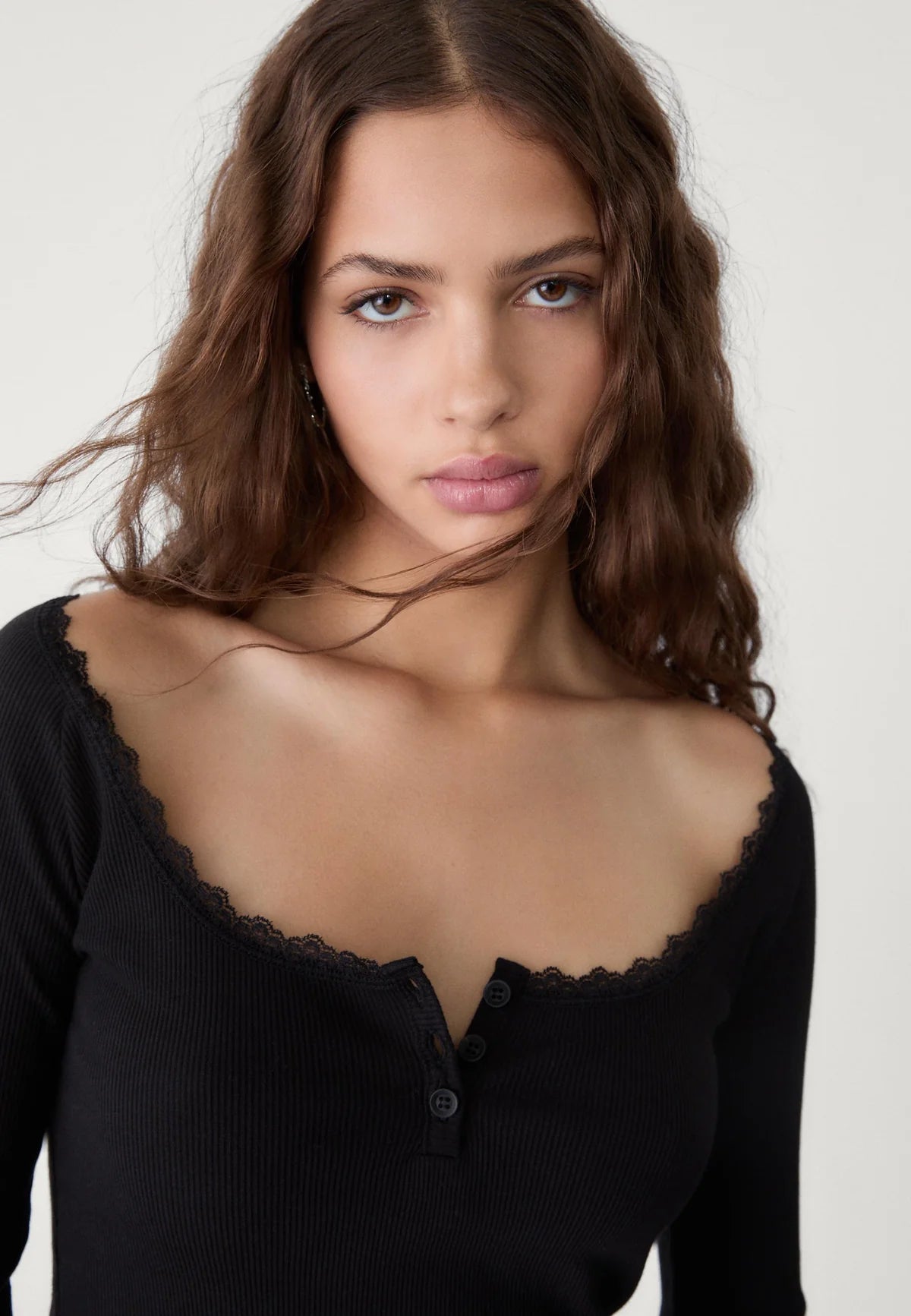 Polo Lace Trim Rib Top // Black