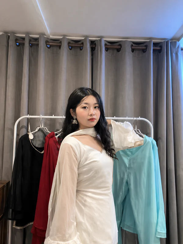 Off White // 3pc Kurta Set with Palazzo & Dupatta (Sheer Sleeves)