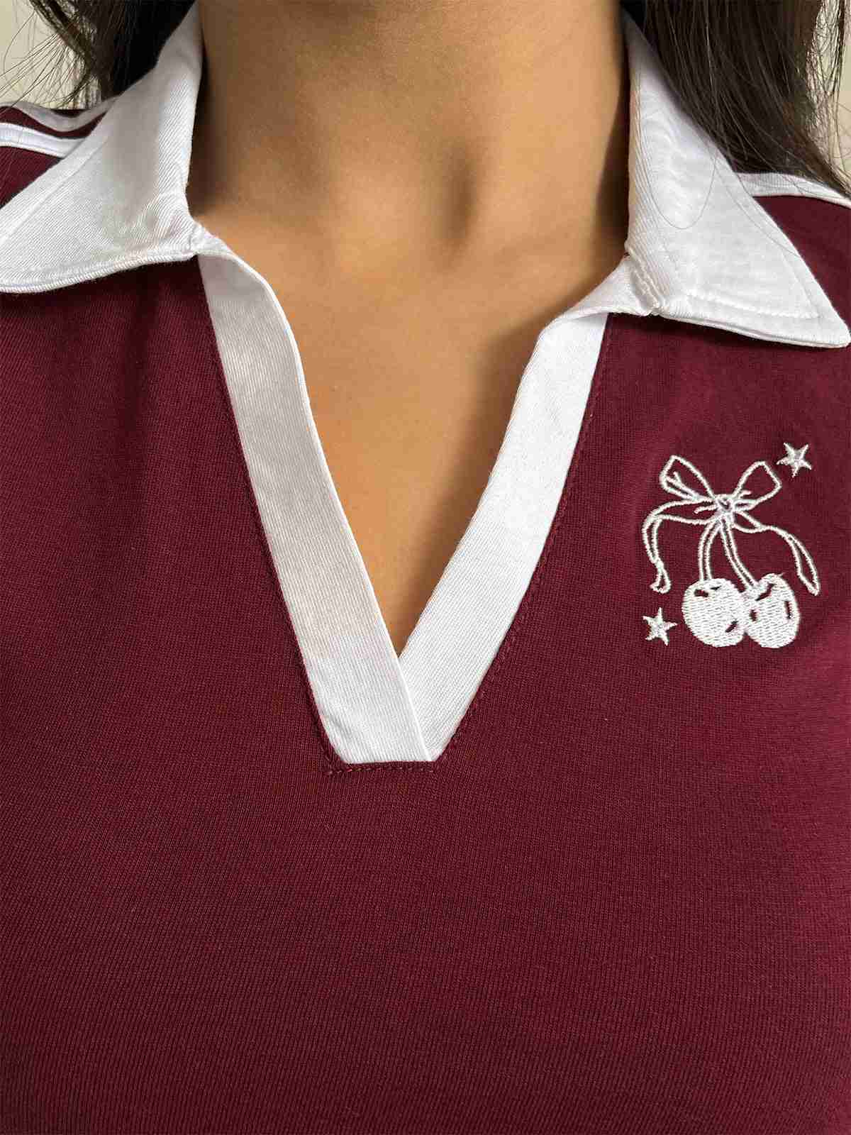 Contrast Detail Embroidered Polo Tee // Deep Cherry