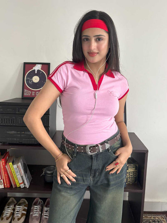 Contrast Detail Bow Graphic Polo Tee // Soft Pink