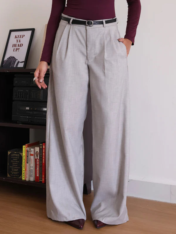 Belted Wide Leg Korean Pant // Oat Milk