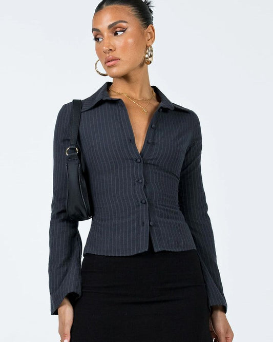 Pinstripes Flared Sleeves Shirt // Black
