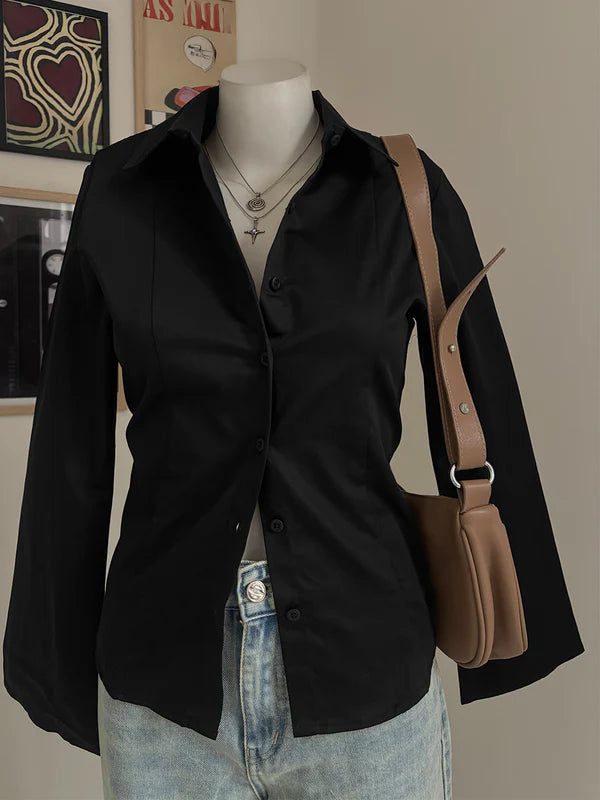 Flared Sleeve Y2K Fitted Shirt // Black