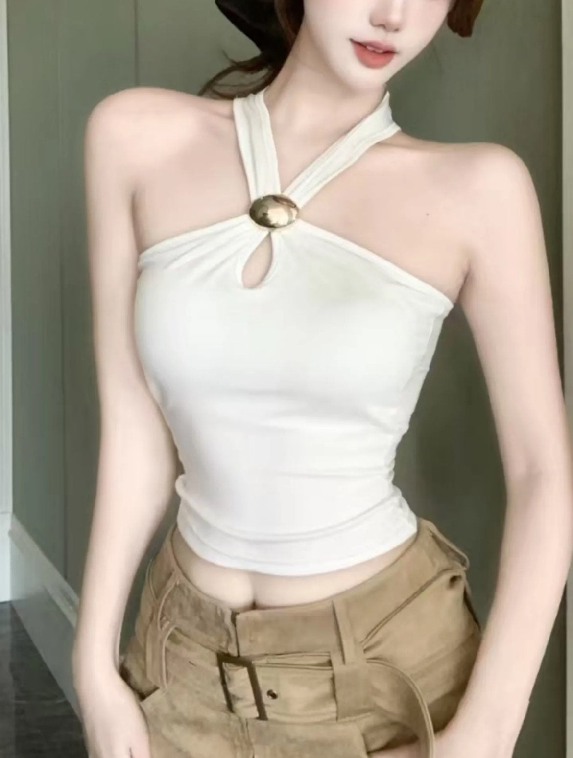 Metallic Decor Halter Top // White