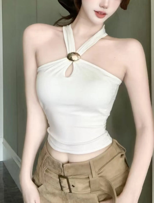 Metallic Decor Halter Top // White