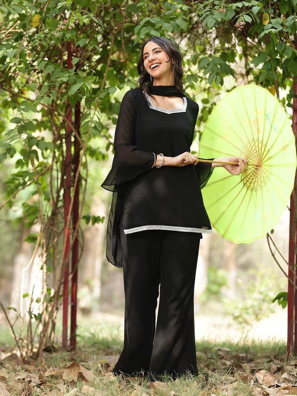 Black // 3pc Kurta Set with Palazzo & Dupatta