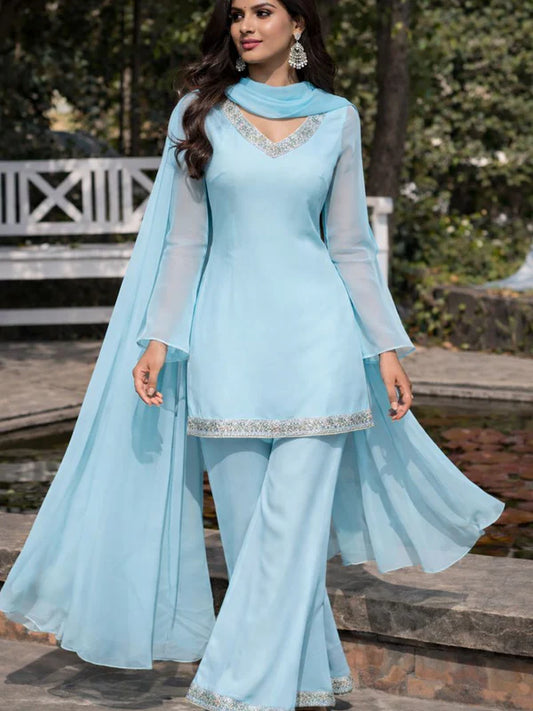 Blue // 3pc Kurta Set with Palazzo & Dupatta